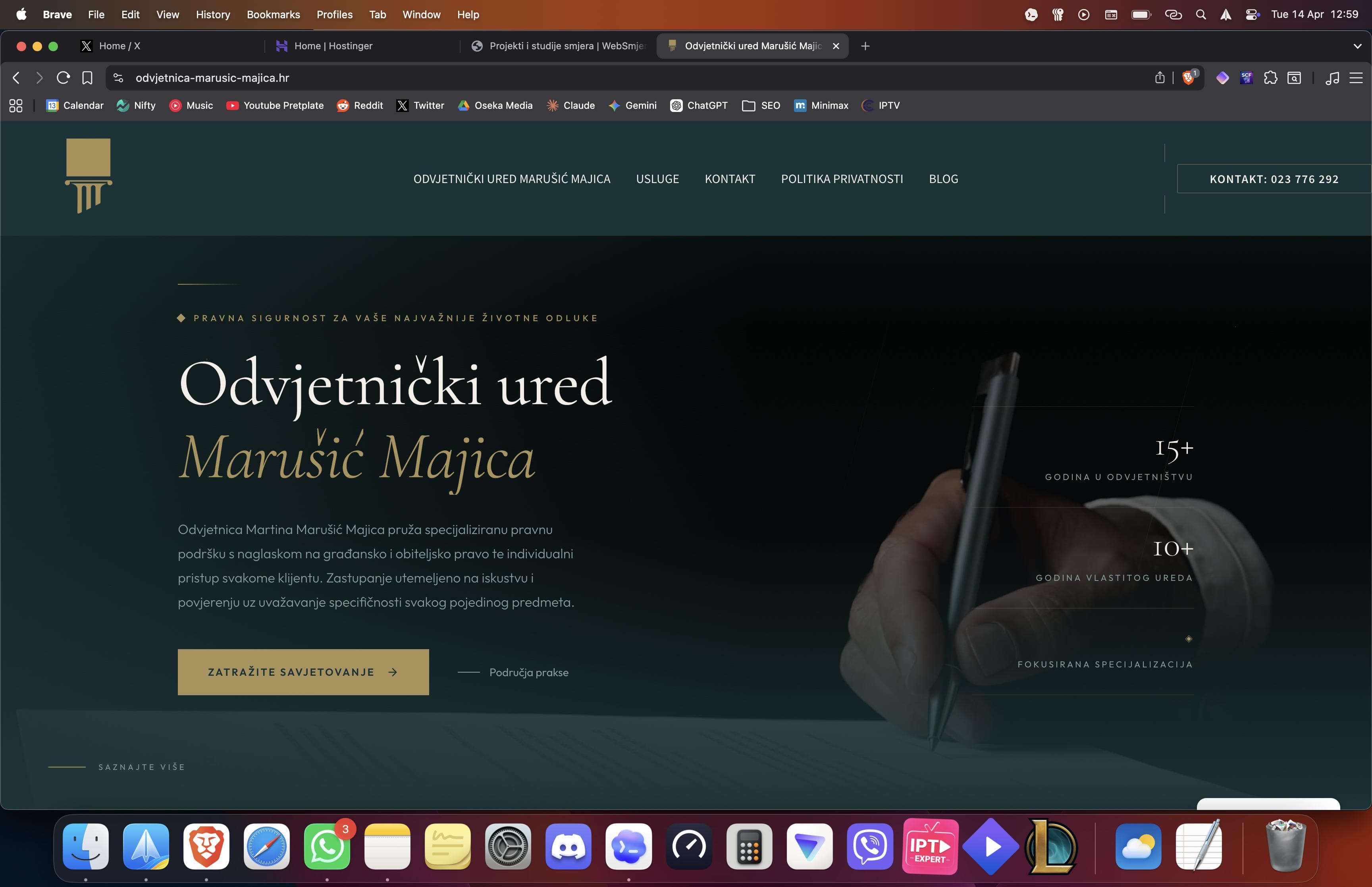 Naslovnica web stranice Odvjetničkog ureda Marušić Majica s jasnim hero blokom i ozbiljnim pravnim identitetom.