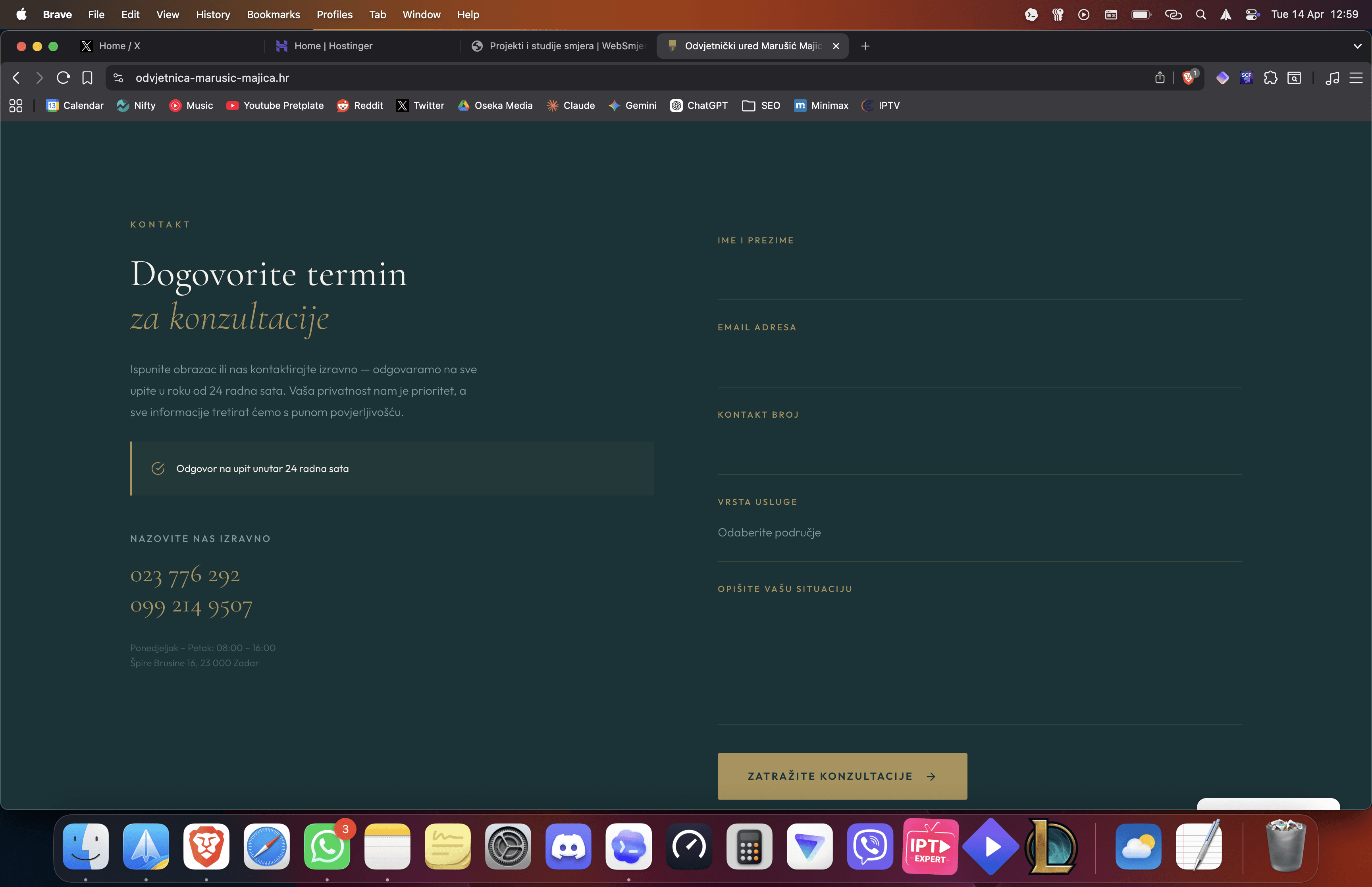 Kontaktni i završni dio web stranice Odvjetničkog ureda Marušić Majica s fokusom na jasnu komunikaciju i povjerenje.