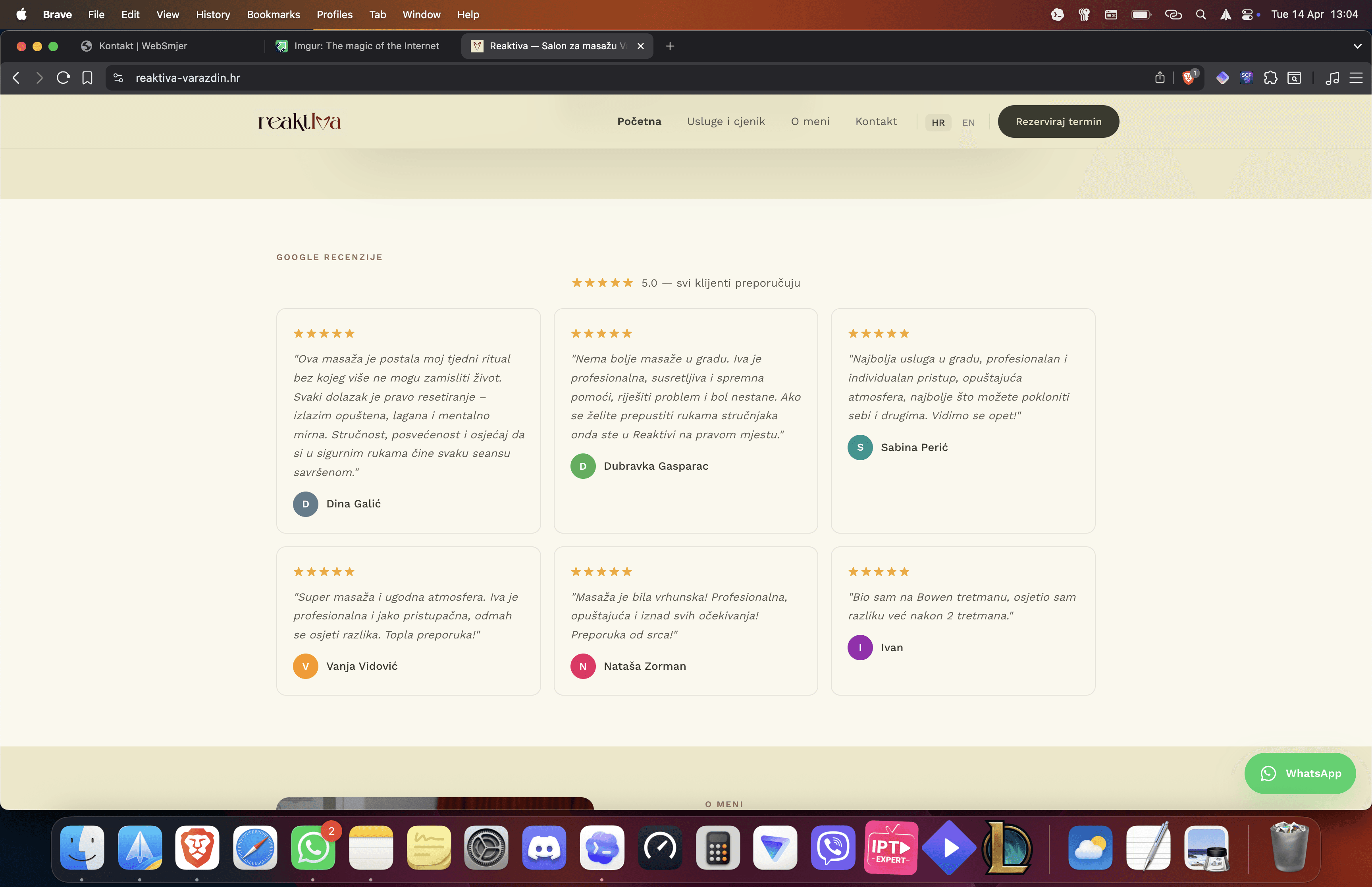 Sekcija usluga na stranici salona za masažu s preglednim prikazom tretmana i benefita.