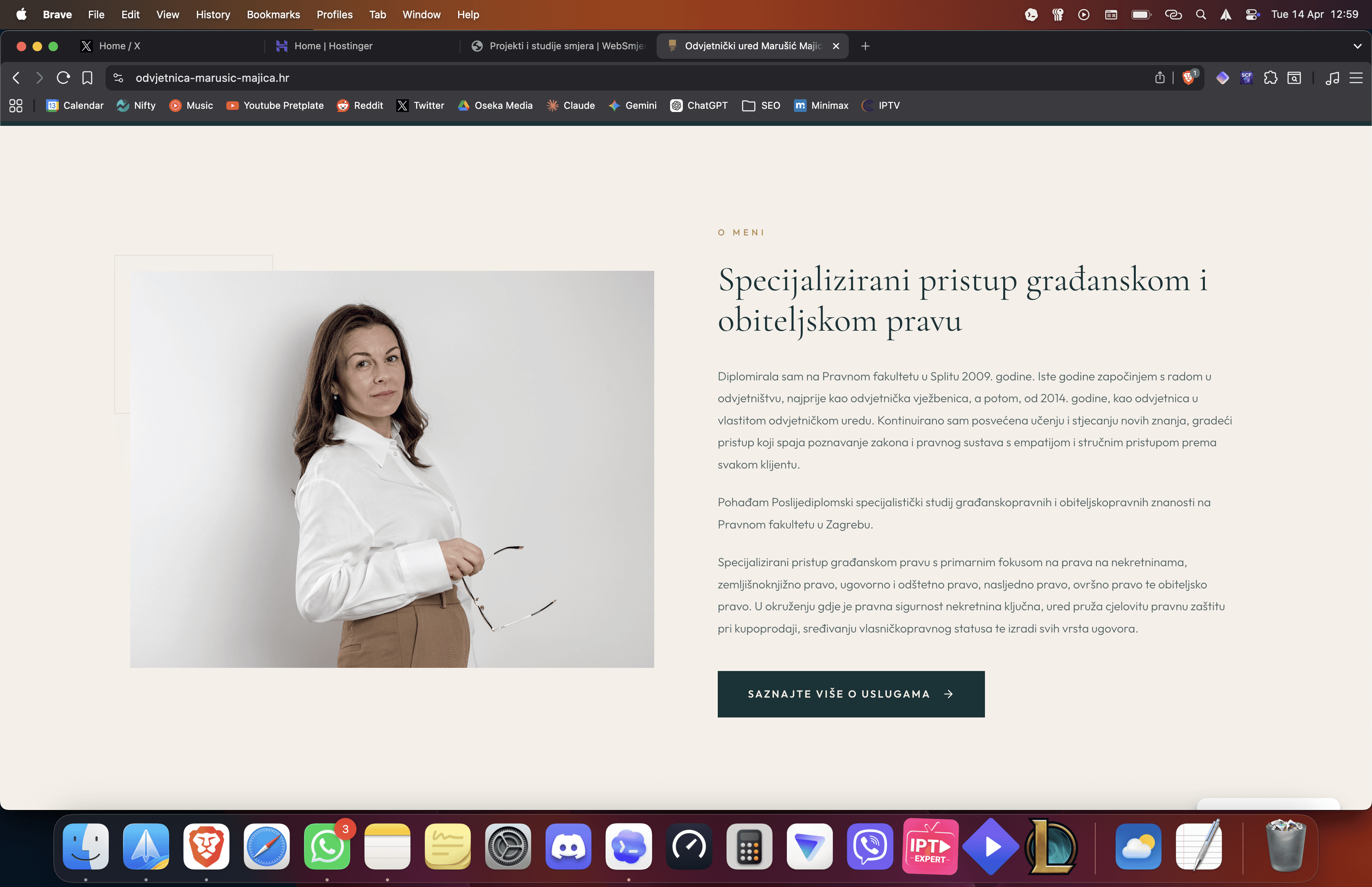 Prikaz sadržajnih blokova na stranici Odvjetničkog ureda Marušić Majica koji objašnjavaju područja rada i povjerenje.